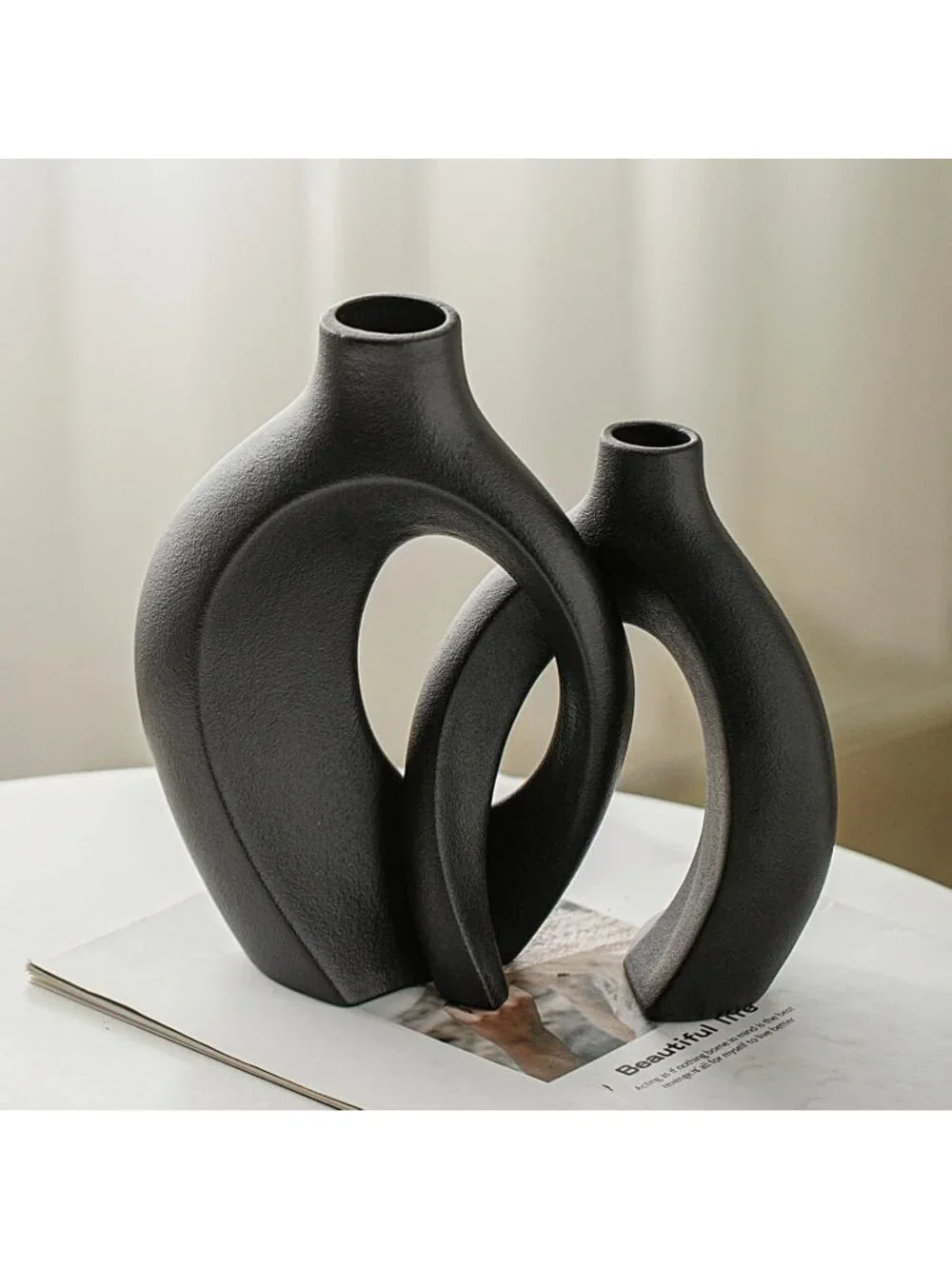 Matte Black 6.3 Hollow Ceramic Vase Set Of 2 Boho Tabletop Living Room Home Dec